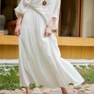 NEW White Cotton Blend Boho 3-Tiered Flowy Maxi Skirt